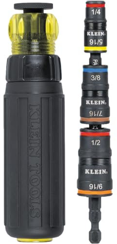Klein Tools 32910RCHT Impact Driver, 7-in-1 SAE Impact Socket Set with Ratcheting Handle, Flip Socket with 6 Hex Driver Sizes Plus a 1/4-Inch Bit Holder
