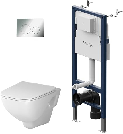 WC-Komplettset - Vorwandelement Spülkasten Unterputz inkl. Betätigungsplatte + Spülrandlos Hänge Wand-WC Tiefspül + WC-Sitz mit Soft-Close-Absenkautomatik, AM.PM Prime Fit IIS90151.XA1700