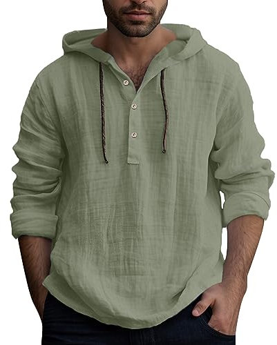 Mymyguoe Leinenhemd Herren Leinen Hoodie Sommer Einfarbig Hoody Henley Shirt Mit Kapuze Casual Langarm Kapuzenshirt Mit Kordelzug Leicht Sweatshirt Lockere Oberteil Herrenhemden Freizeithemden
