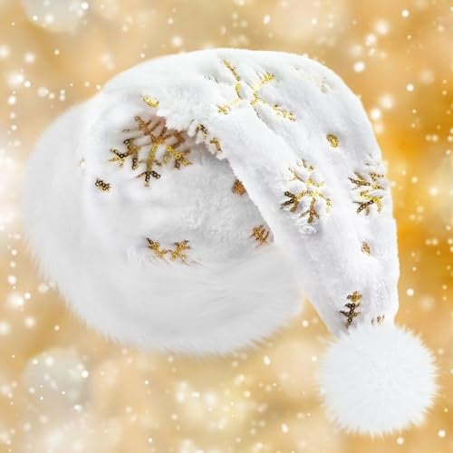 YMIFEEY Weihnachtsmütze für Erwachsene Nikolausmütze mit Plüschkrempe, Pailletten verziert, Plüsch Nikolaus Mütze Weihnachtliche Mütze Weihnachtsmann Mütze für Männer Frauen (Weiß)