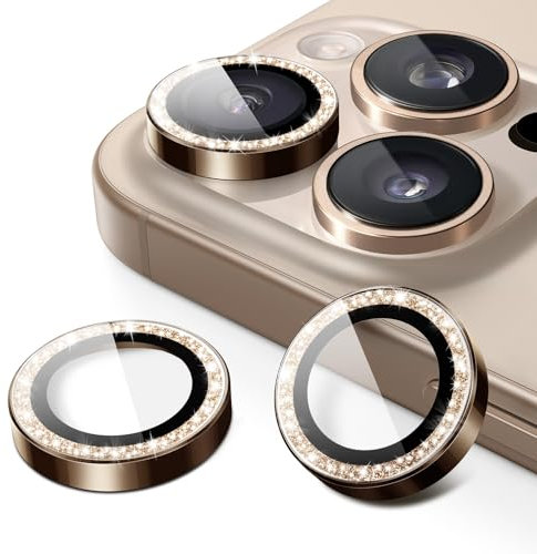 JETech Pellicola Fotocamera per iPhone 16 Pro 6,3 Pollici e iPhone 16 Pro Max 6,9 Pollici, Glitter Scintillant 9H Vetro Temperato Anello Metallico Individuale Cover, 1 Set (Titanio Sabbia)