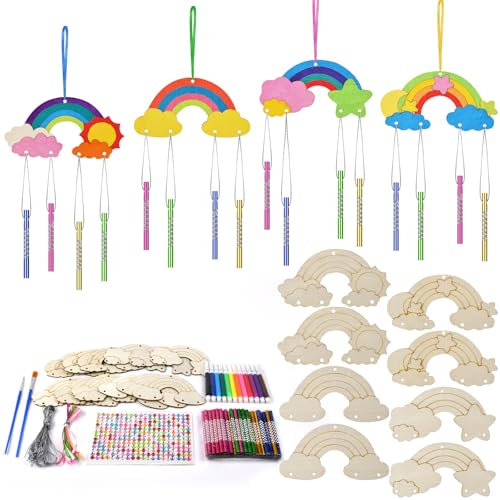 Ainiv 12 Stück Windspiel Bastelset Kinder, Regenbogen Holz Klangspiel Basteln, DIY Windspiel zum Bemalen, Bastelhandwerk zum Bemalen Holz zum Bemalen für Mädchen Junge Kindergeburtstag