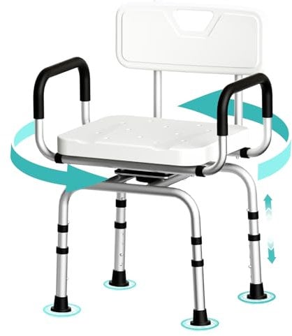 TODO Silla para Ducha con Respaldo, 360° Taburete Baño Giratorio Antideslizante, Altura Regulable, Silla Ducha Personas Mayores con Reposabrazos, Asiento Ducha Adulto Carga 120 kg