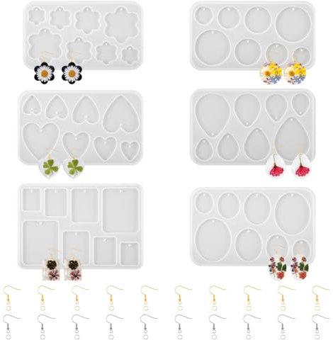 Telooco 6 Stück Formen Epoxidharz Formen Silikon Geometrisch Ohrring Harz Schmuckformen mit 20 Stück Schmuckhaken, Silikonform Schmuck Epoxidharz Schmuckherstellung Silikonform Set für DIY Ohrring
