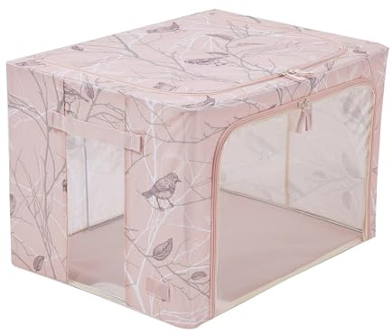 Periea ‘Beau’ Folding Collapsible Stackable Fabric Home Storage Boxes with Steel Frames (Blush Birds, Large)