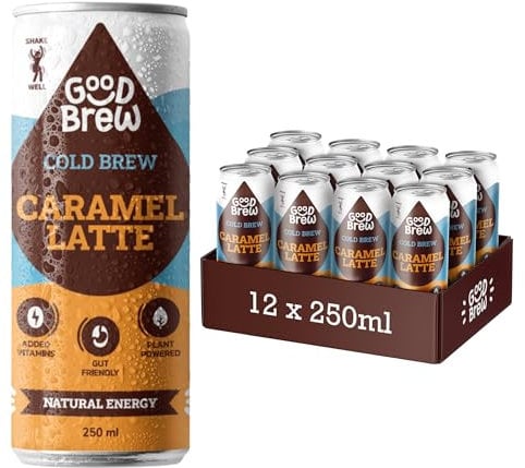 GoodBrew Cold Brew Iced Caramel Latte 12x 250ml - Plant Based Cashew & Oat Milk, Dairy Free Flavoured Cold Coffee - Low Sugar Iced Coffee Cans - With Gut-Friendly Prebiotic Fibre and Vitamins A, D & E