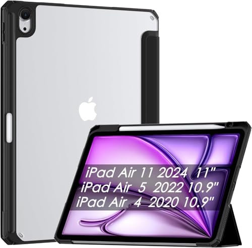 Generic iPad Air 11 inch Case M2 2024 with Pencil Holder iPad Air 5th/4th Generation Case 10.9 inch Hard Shell Stand Cover, Auto Sleep/Wake (Black)