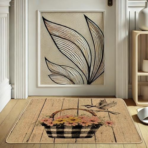 Fußmatte mit Frühlingsblumen, schwarz-weiß karierter Korb mit Blumen für Außen- und Inneneingang, wasserdicht, rutschfest, Staubschutzmatte, leicht zu reinigen, 73,2 x 43,2 cm
