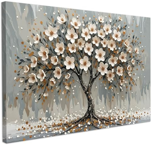 CHDITB Blume Bilder Weiße Blumen Baum des Lebens Wandkunst Wandbild 59x39cm