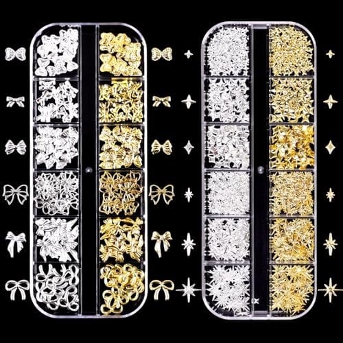 DMQ 3D Nail Charms, 2Boxes Gold Silver Bow Star Nail Gems Nail Studs, Metal Punk Alloy Rivet Stickers Bowknot Nail Rhinestones, Nail Art Decorations Accessories for Nail Design DIY Crafts