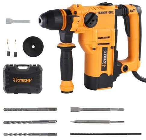 Hoteche 900W 26MM Bohrhammer, 1200 U/min, 4600 Schläge/min, 2-Funktionen (Hammer/Hammerbohren), inkl. Zubehör