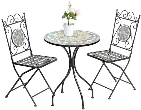IlGruppone Tavolino + 2 Sedie Set Bistrot Terrazzo Giardino Mosaico Ceramica Interno Esterno Pieghevoli Salvaspazio Patio Casa Arredo Estivo Trattamento Antiruggine Waterproof - MOD-Cefalu