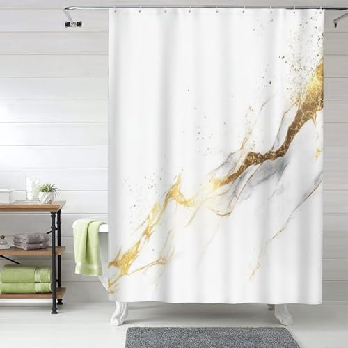 Duschvorhang Gold Duschvorhang 90 x 200 cm Weiß mit Gewicht Saum und 12 Plastik Haken, Wasserdicht, Schnelltrocknend, Maschinen Waschbar Polyester Stoff Shower Curtains für Badezimmer, Badewanne 1Y-35