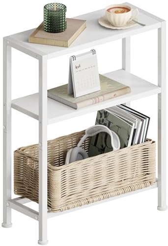 Schmaler Beistelltisch, Nachttisch, 3 Ablagen Nachttisch Schmal mit Stauraum, sofa beistelltisch für schmale Räume, Kleiner Tisch, für Wohnzimmer, Schlafzimmer, Küche & Balkon, Arbeitszimmer (Weiß)