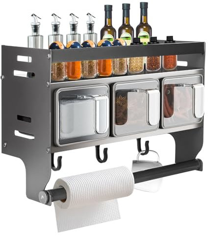OJTOJT Portaspezie Senza Foratura, Porta Spezie Per Cucina Da Appendere con Portarotolo, Portaspezie Da Parete Con Barattoli, Per La Conservazione In Cucina Di Spezie e Olio (con 3 scatole di spezie)
