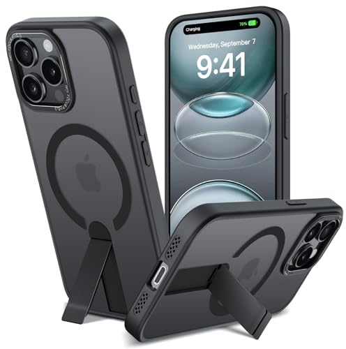 ÁRBOLORO Magnetkraft Hülle für iPhone 15 Pro Max mit Ständer, Schwarz | Unsichtbarer Kickstand Handyhülle, Kompatibel mit MagSafe, Stoßfest Kratzfest, Translucent Matt Schutzhülle