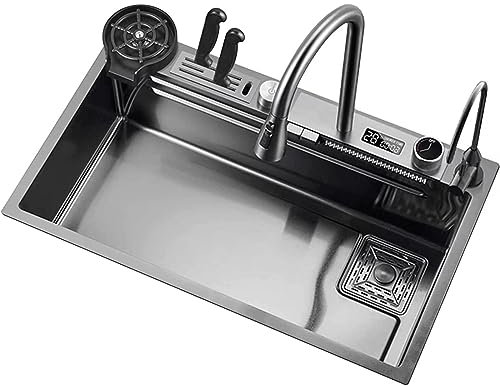 CAFIEDR Stainless Steel Kitchen Sink, Digital Display Waterfall Bar Sink, Home Sink Large Vegetable Basin Built-in Knife Holder