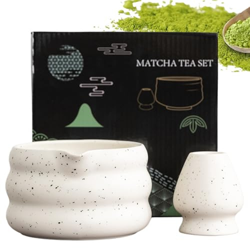 BAIFULAI Lot de 2 bols à matcha, bol à matcha avec support fouet et bec verseur, bol à matcha japonais, accessoires pour cérémonie de matcha, blanc