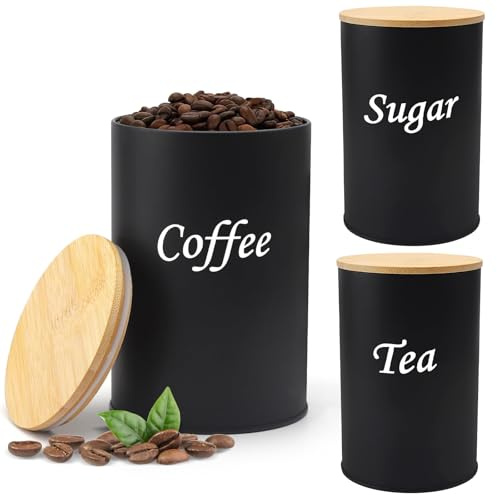 LITZEE Lata de Café Hermética, 500 ml, Recipiente para Granos de Café, Recipiente Hermético para Almacenamiento de Granos de Café, Lata de Café con Tapa de Madera en Negro Mate (Negro, 3pcs)