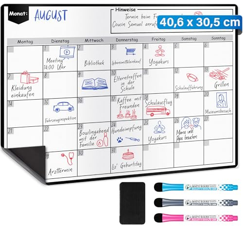 Magnetischer abwischbarer Whiteboard Monatskalender - A3 / 40 x 30 cm - Kühlschrank Whiteboard Folie + 3 farbige Marker + Radierer - Deutsche Sprache - von Yes4Quality