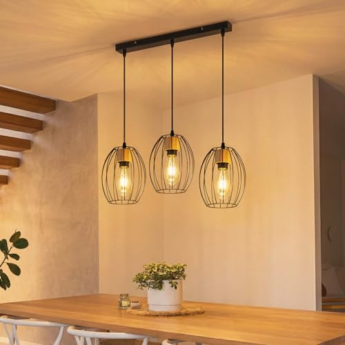 Kowanie Hängelampe Vintage Pendelleuchte Esstisch - 3 flammig Esstischlampe | Hängend Schwarz Hängeleuchte Metall & Holz E27 Retro Pendellampe für Wohnzimmer Schlafzimmer Küche (Ohne Leuchtmittel)