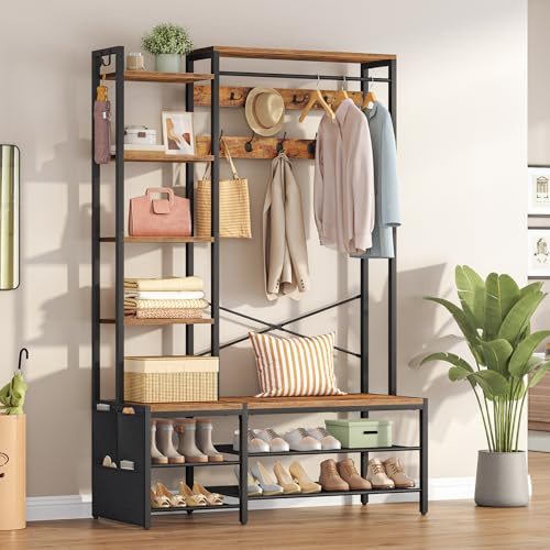HOOBRO Garderobenständer, Garderobe mit Schuhregal und Sitzbank, 9 Doppelhaken, 2 Seitenhaken, 5 Ablagen und Seitentasche, für Flur, Schlafzimmer, Wohnzimmer, Schwarz und Vintagebraun EBF42MT01