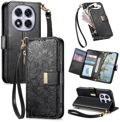 JIUNINE Handyhülle für XIAOMI Redmi Note 15 Pro 5G, Stoßfeste PU-Leder Klapphülle mit Blumen und Blätter Relief, Kreditkartenfächern, Magnetverschluss & Standfunktion, Schwarz