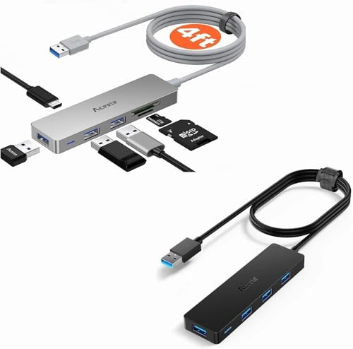 Aceele 6-in-1 USB 3.0 Hub Bundle mit 4-in-1 USB 3.0 Hub, 1,2 m verlängertem Kabel, ultraschlankem Multiport-Expander für Desktop-Computer, Laptop, Chromebook, Mac Mini, iMac, PS4, Flash-Laufwerk-Daten