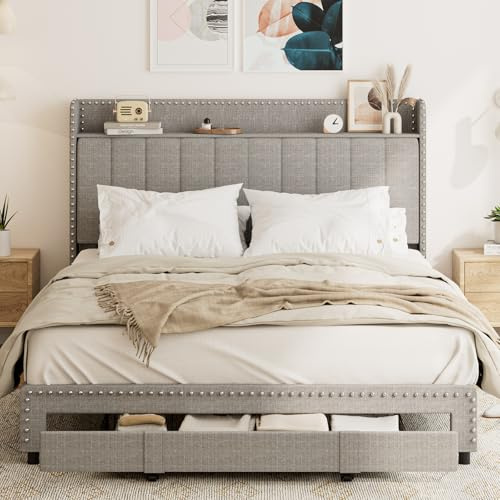 Klippehop 5ft King Upholstered Bed Frame with Storage Headboard and Large Drawer, Riveted Storage Bed Frame, Linen Platform Bed Frame (Grey, 150cm x 200cm)