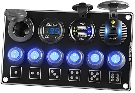 Panel Interruptores 12V 24V 6 Vías, Panel Interruptores Coche con USB QC 3.0 Dual y PD Tipo C Carga Rápida Toma Mechero 60W Voltímetro LED Impermeable para Auto Barco Camión RV UTV