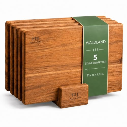 WALDLAND Premium Frühstückbrettchen Holz 5er Set (23 x 16 x 1.5 cm) inkl. Brettständer I Schneidebrett Holz Set I Frühstückbrettchen aus robustem Akazienholz I 5 dicke Schneidebretter