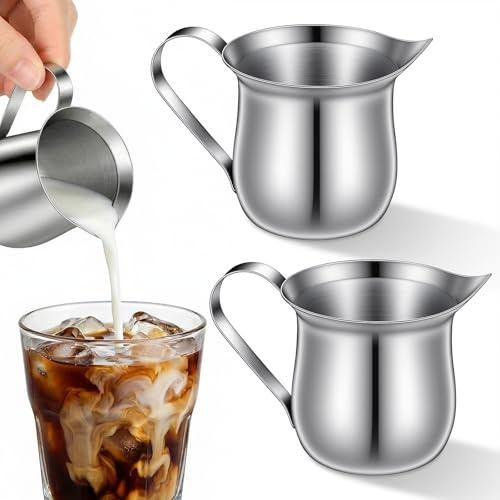 2 Pcs 90ml 3 Oz Small Milk Jug, Stainless Steel Creamer Pitcher | Mini Cup Creamer Dispenser for Latte Art, Frothing Pitcher Cup for Coffee Cream, Salad Dressing, Maple Syrup,Espresso Machine