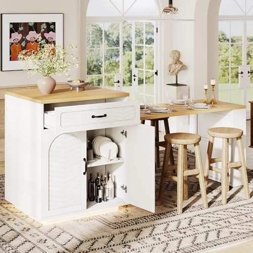 SACOOL Isla de cocina, armario de cocina, armario buffet, barra de luz LED, con mesa extensible, 2 cajones, 4 puertas, negro/blanco