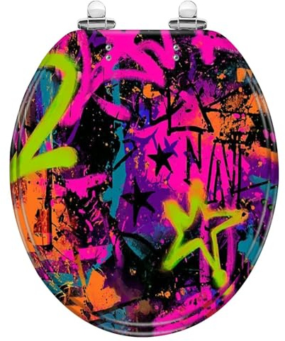Round Slow Quiet Close Resin Toilet Seat with Quick-Release Hinges, Easy Clean & Install, Abstract Graffiti Spray Paint Lid