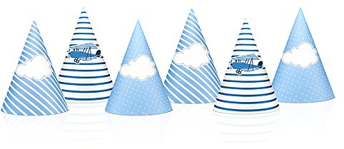 cama24com Partyhüte Geburtstags-Hüte mit Flugzeug und Wolken für Kindergeburtstag 6 Stück mit Palandi® Sticker