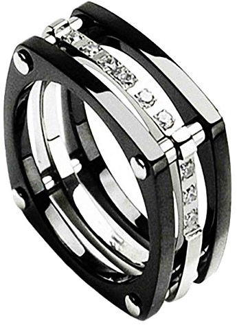 Piersando Ring Titan Bicolor mit Zirkonia Steinen 3-teilig Viereckig 11mm Breit Titanring Herren und Damen Silber Schwarz Größe 55 (17.5)