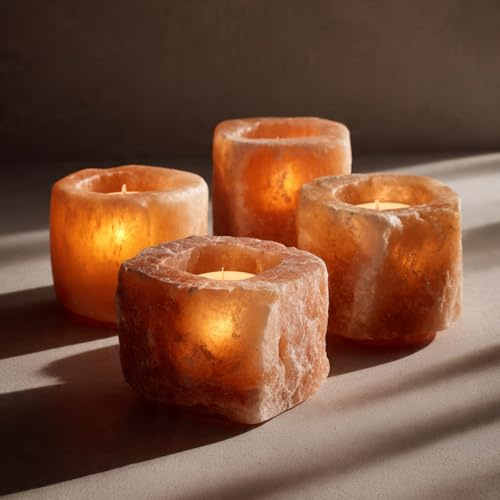 NaturalKrafts, Punjab, Pakistan, portacandele in sale dell'Himalaya, cristallo rosa naturale, per decorazione domestica, set di candele per aromaterapia, 4 pezzi