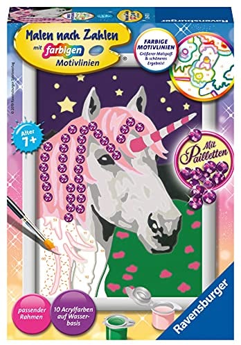 Ravensburger CreArt 28473 - Einhorn - Malen nach Zahlen für Kinder ab 7 Jahre, Malset mit Rahmen, Pinsel und Acrylfarben, Geschenk für Mädchen und Jungen, mit Pailletten