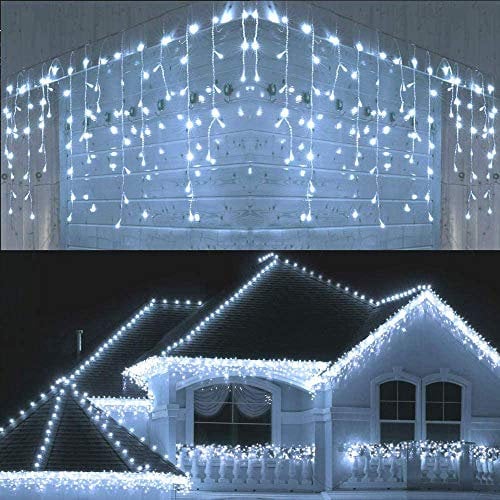 Icicle Christmas Fairy Lights Waterproof Outdoor/Indoor use. ICY Cool White 400 LED 10M Wide 80 Drops Plus a Massive 10M Lead Cable, 8 Modes, Low Safe Voltage White Cable