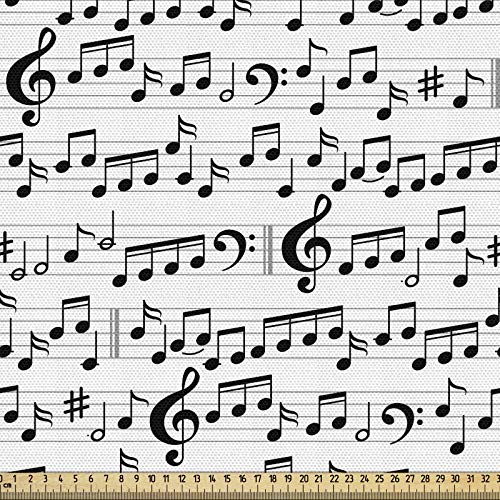 ABAKUHAUS Musik Gewebe als Meterware, Abstraktes Ikonen-Notenblatt, Schön Gewebten Stoff für Polster und Wohnaccessoires, 1M (148x100cm), Schwarz Weiss