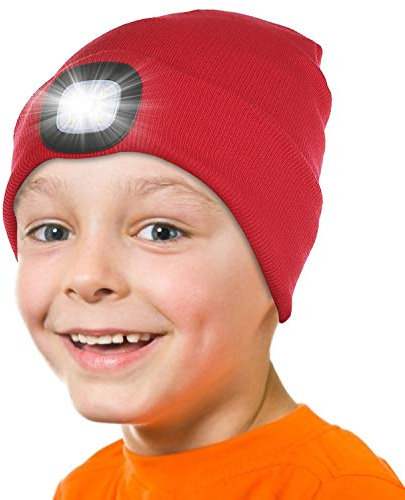 Attikee Kids LED Beanie with Headlamp - Rechargeable 4 LED Lighted Hat with Torch, Adjustable Brightness Winter Knit Cap for Cycling, Running, Camping, Night Walking for Boys & Girls Red