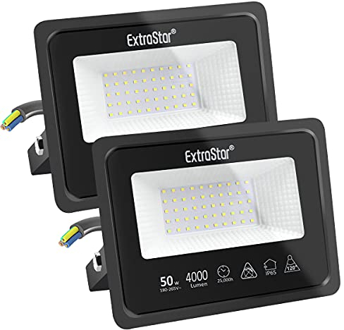 EXTRASTAR 50W LED Strahler Außen 2 Stücke,4000LM 6500K Kaltweiß Superhell Außenstrahler, IP65 Wasserdicht LED Fluter, Außenlampe für Garten, Innenhöfe, Garage, Hotel, Sportplatz