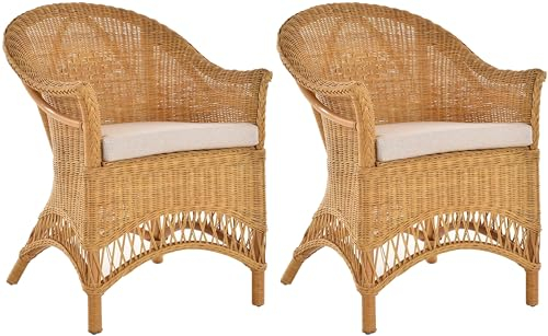 2er Set Extra breiter Rattansessel Landhaus Flechtsessel Natur Rattan Sessel Korbsessel Wintergarten (Honig)