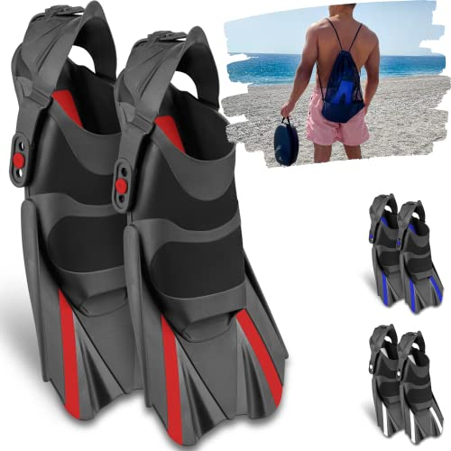 Khroom Aletas de esnórquel Ajustables Cortas con Bolsillo para Colgar Tallas 36 – 47, Aletas Cortas para Nadar Adultos, Mujeres y Hombres, Aletas de Buceo, Entrenamiento de natación (36-41 Rojo)