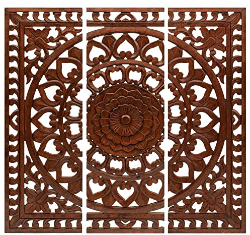 MDF Wood Hand Carved Decorative Wooden Wall Hanging Panel Set of 3 - Each Panel 36x12 Inch for Farmhouse, Living Room, Bedroom, Home & Office - Burnt Color