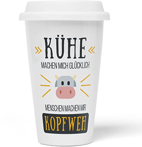 JUNIWORDS To-Go Becher mit Deckel, Kühe machen mich glücklich Menschen machen mir Kopfweh (1004541)