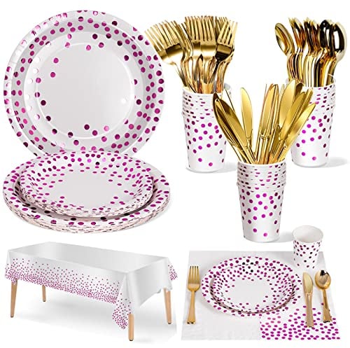 Nkaiso Party Tableware 141 Pieces Rose Red Dots Theme Kids Birthday Decoration Party Accessories Set Includes Paper Plates Napkins Cups Reusable Cutlery for Wedding Shower Engagement -20 Guests