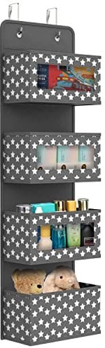 Vinsani Over The Door Hanging Organiser Space Saving Storage Solution 4 Tier Caddy With Clear Window and Steel Hooks Hanger For Bathroom Nursery Bedroom Toys Unisex – Dark Grey