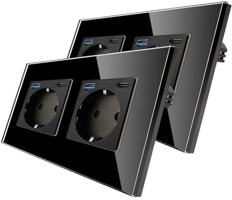 2er-Pack CNBINGO Glas Doppelsteckdose mit USB Ports (Typ-C und Typ-A unterstützung 20W Schnellladen) - Zweifach Steckdose Unterputz in Schwarz - Schuko Schutzkontakt Wandsteckdose mit Glasrahmen