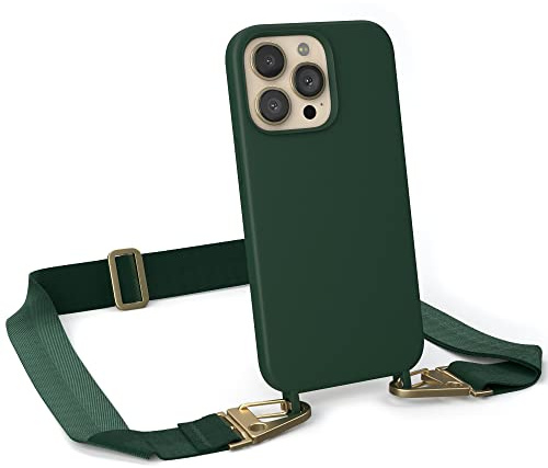EAZY CASE - Hülle mit Band kompatibel mit iPhone 13 Pro Handyhülle mit Umhängeband Silikonhülle Schwarz Handykette zum Umhängen Handykordel Schutzhülle für Smartphone in Pinien Grün - Clips Gold